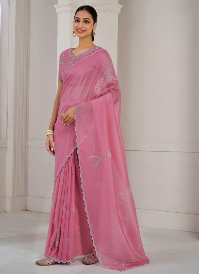 Crush Silk Pink Ceremonial Wear Hand Work Saree